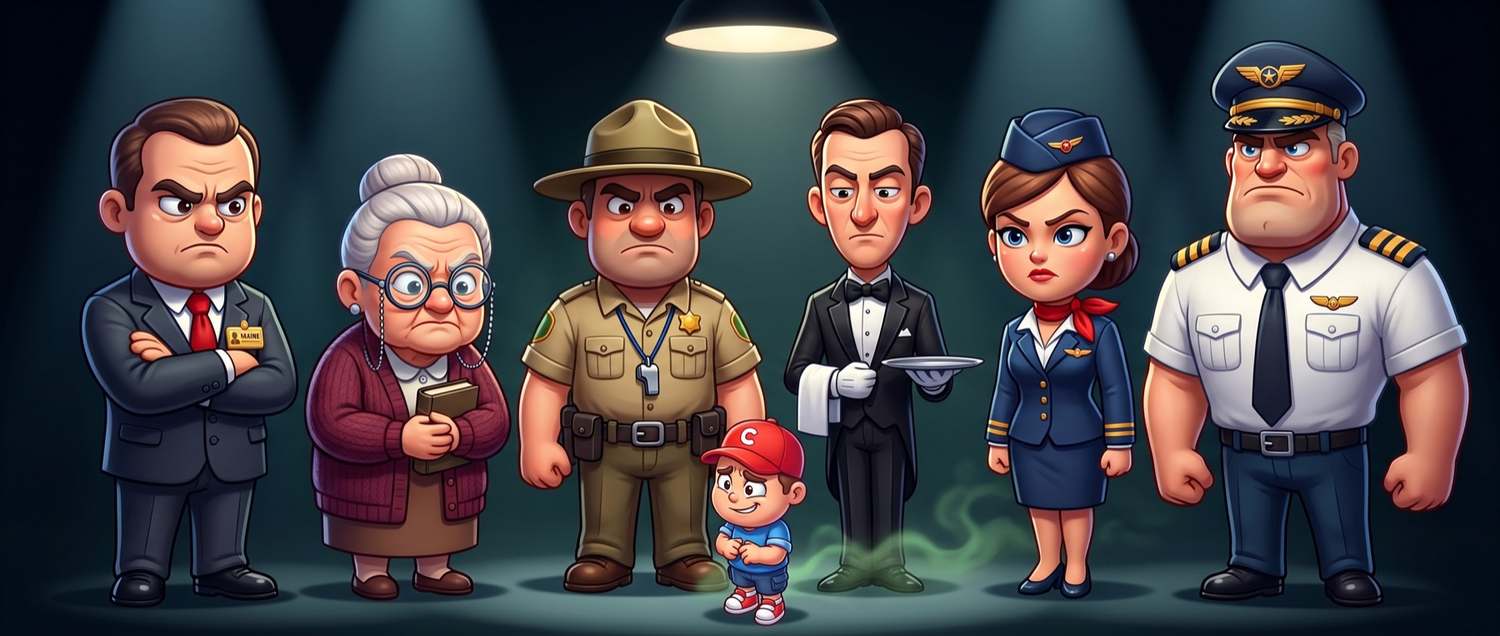 The bosses of Need to Fart lined up, glaring down at the hero
