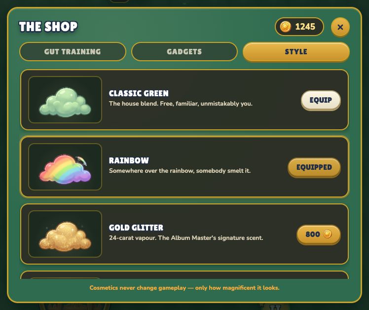 The Style tab: rainbow and gold glitter cloud skins